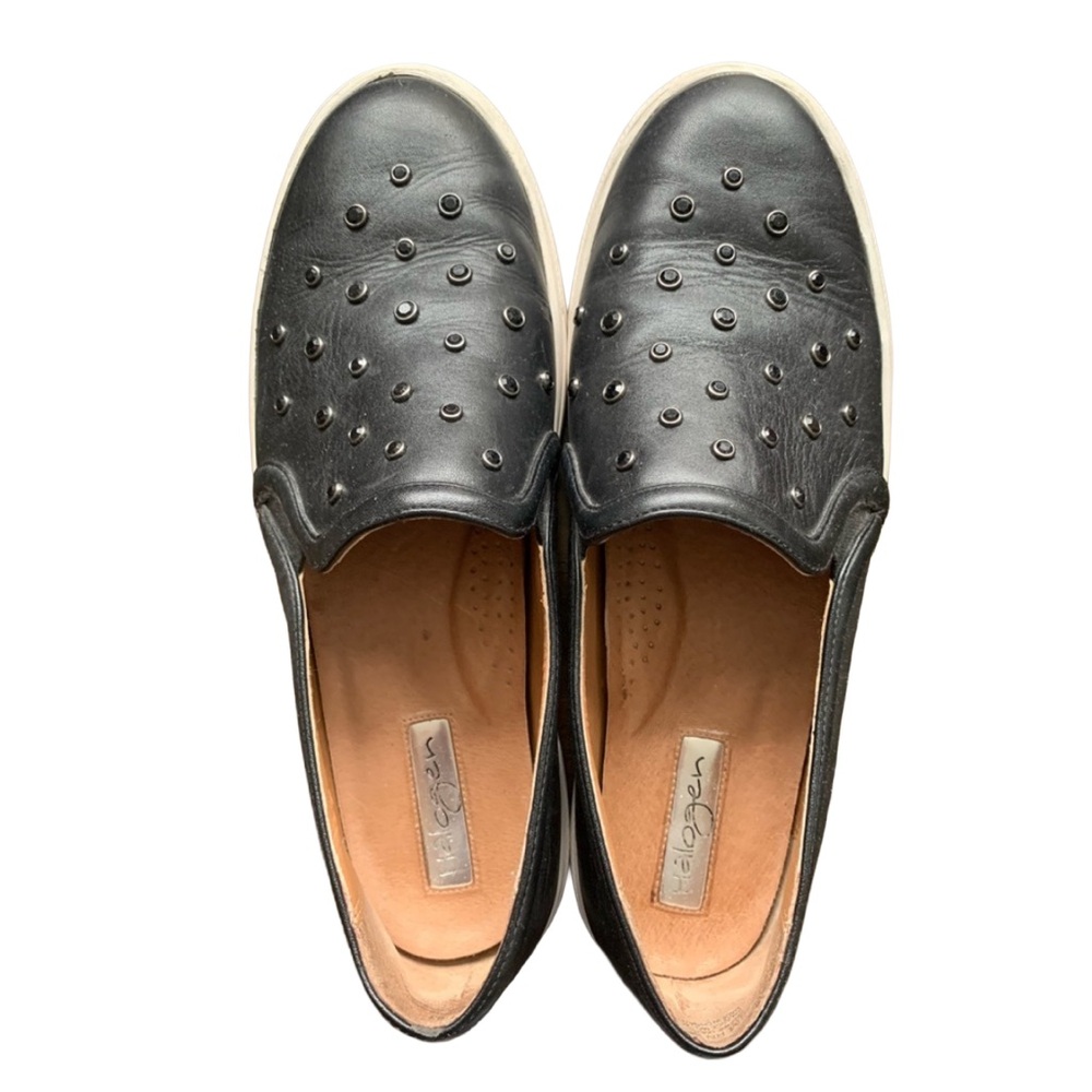 HALOGEN Women’s Black Leather w/ White Sole Slip-on Sneakers with Black Crystals